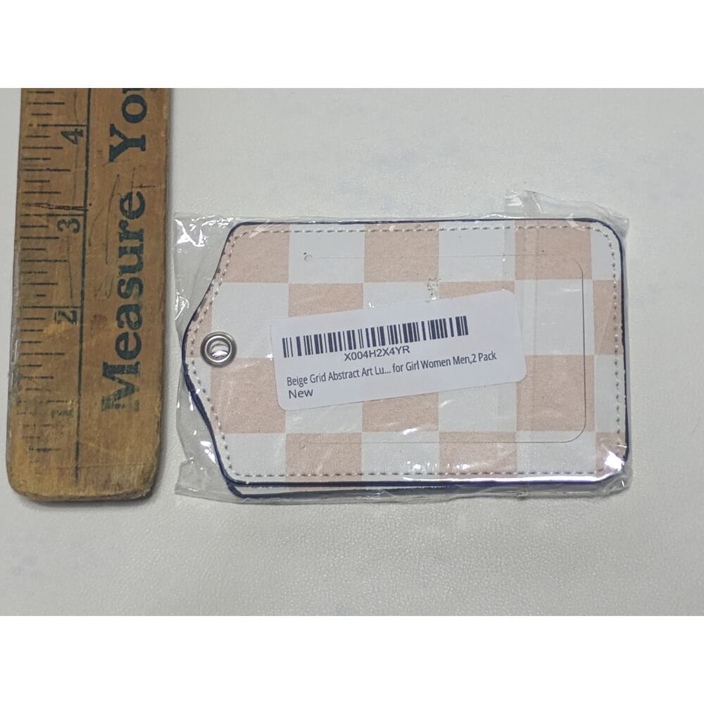 New Beige & White Checkered Luggage Tag with Steel Loop